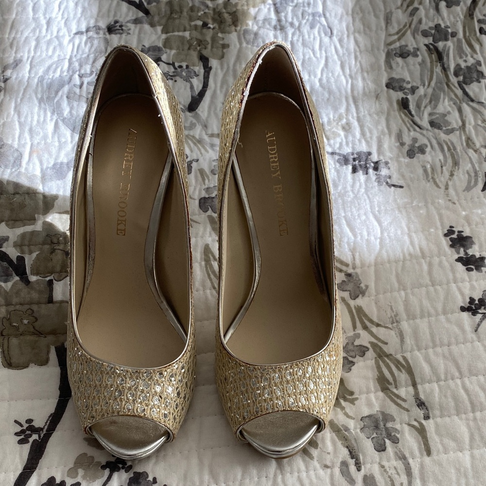 Audrey Brooke Glittering Gold Peep-Toe Heels